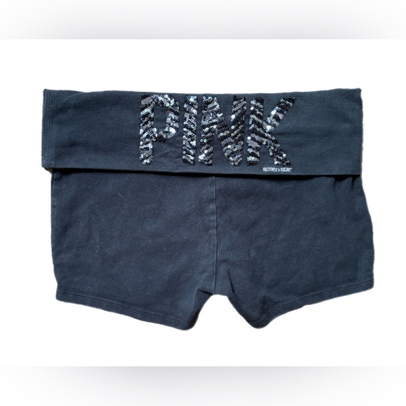Y2K Victoria’s Secret PINK Vintage Foldover Yoga Shorts M Black Silver Sequin - Picture 5 of 10
